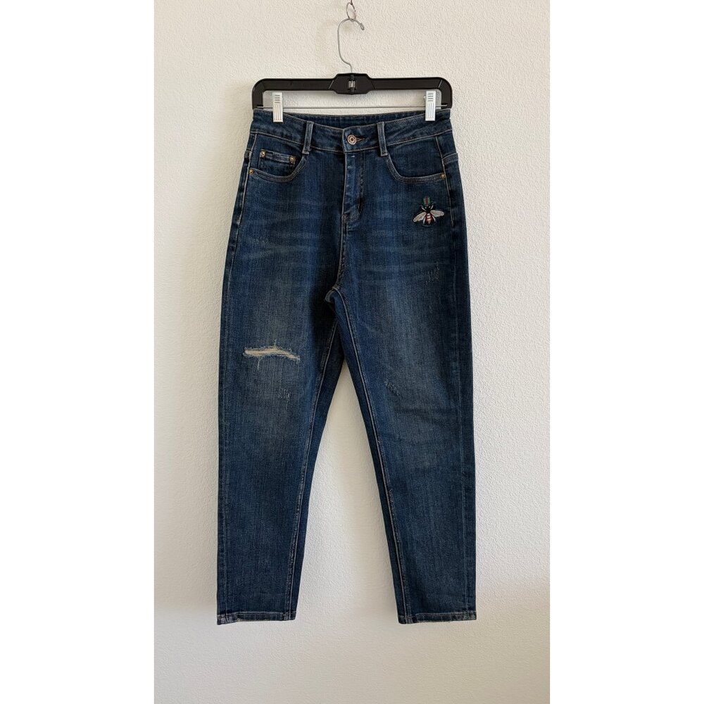 Bee Embroidered Jean Womens 27 x 27 Blue Tapered Stretch Denim Designer Inspired - Picture 2 of 12